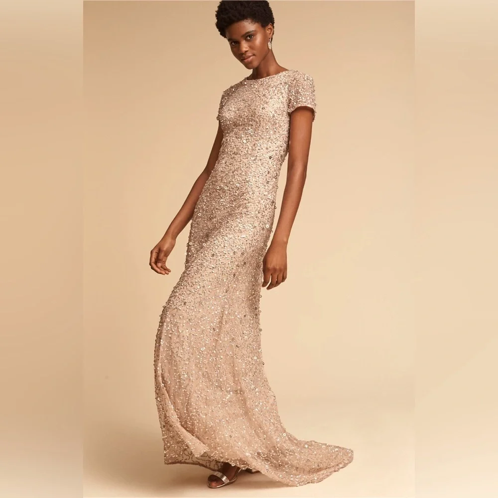 Anthropologie BHLDN Adrianna Papell Lucent Elegant Gold Sequin Evening G…